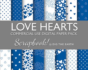 Instant Download Love Hearts Wallpaper Digital Collage Sheets 12x12 inch Set of 16 Digital Papers Blue Commercial Use Kit