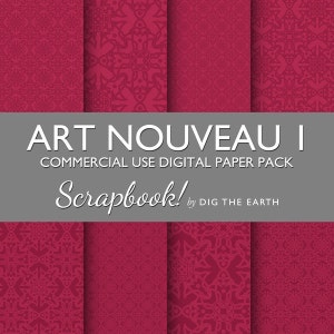 INSTANT DOWNLOAD di fogli Art Nouveau Wallpaper Digital Collage 12x12 pollici Set di 8 Digital Papers profondo rosso commerciale uso Kit