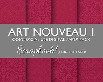 INSTANT DOWNLOAD Art Nouveau Wallpaper Digital Collage Sheets 12x12 inch Set of 8 Digital Papers Deep Red Commercial Use Kit