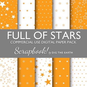 May include: A digital paper pack with 10 different patterns featuring white stars on a yellow background. The text "FULL OF STARS COMMERCIAL USE DIGITAL PAPER PACK Scrapbook! by DIG THE EARTH" is at the top of the image.
