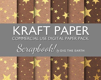 INSTANT DOWNLOAD Kraft Paper with Gold Stars Digital Collage Sheets 12x12 inch Set of 6 Digital Papers Commercial Use Kit