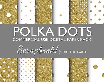 INSTANT DOWNLOAD Gold Glitter Polka Dots Digital Paper 12x12 inch Set of 13 Commercial Use