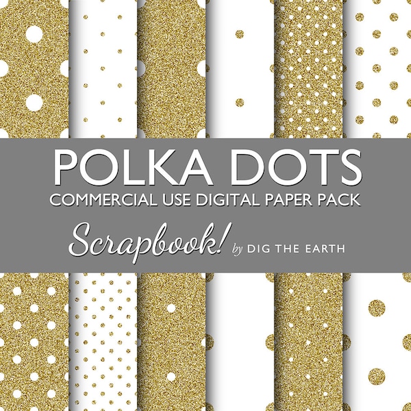 INSTANT DOWNLOAD Gold Glitter Polka Dots Digital Paper 12x12 inch Set of 13 Commercial Use