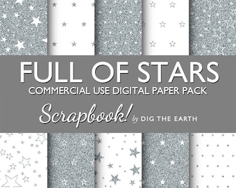 INSTANT DOWNLOAD Silver Glitter Full Of Stars Digital Paper 12x12 inch Set of 11 Commercial Use