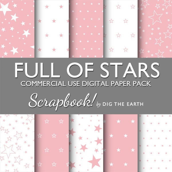 INSTANT DOWNLOAD Full Of Stars Wallpaper Digital Collage Sheets 12x12 inch Set of 10 Digital Papers Baby Pink Commercial Use Kit