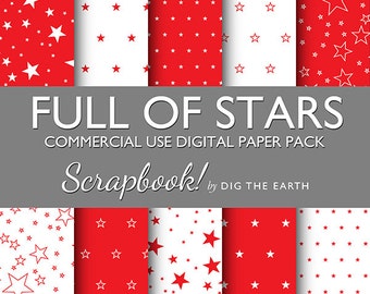 INSTANT DOWNLOAD Full Of Stars Wallpaper Digital Collage Sheets 12x12 inch Set of 10 Digital Papers Primary Red Commercial Use Kit