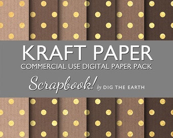 INSTANT DOWNLOAD Ribbed Kraft Paper with Gold Polka Dots Digital Collage Sheets 12x12 inch Set of 6 Digital Papers Commercial Use