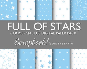 INSTANT DOWNLOAD Full Of Stars Wallpaper Digital Collage Sheets 12x12 inch Set of 10 Digital Papers Baby Blue Commercial Use
