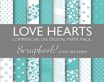 Instant Download Love Hearts Wallpaper Digital Collage Sheets 12x12 inch Set of 16 Digital Papers Aqua Green Commercial Use Kit