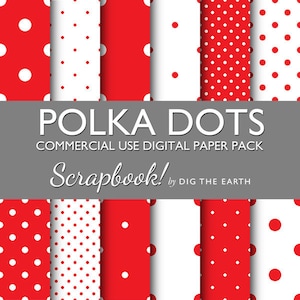 DESCARGAR INSTANT lunares Digital Collage hojas de 12 x 12 pulgadas Set de 12 Digital papeles brillante primario rojo uso Kit comercial