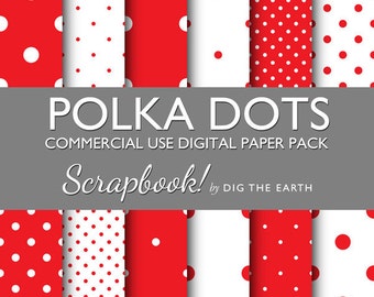 INSTANT DOWNLOAD Polka Dots Digital Collage Sheets 12x12 inch Set of 12 Digital Papers Bright Primary Red Commercial Use Kit