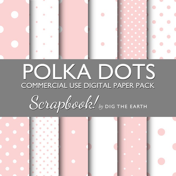 INSTANT DOWNLOAD Polka Dots Digital Collage Sheets 12x12 inch Set of 12 Digital Papers Pastel Baby Pink Commercial Use Kit