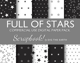 INSTANT DOWNLOAD Full Of Stars Wallpaper Digital Collage Sheets 12x12 inch Set of 10 Digital Papers Black and White Commercial Use