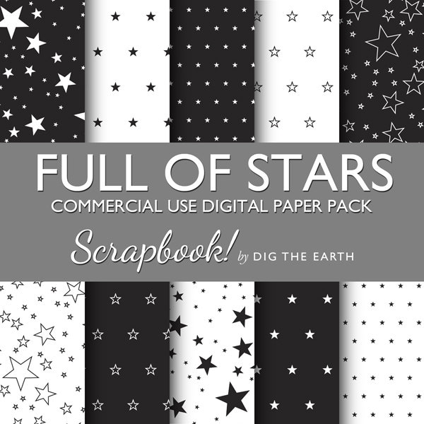 INSTANT DOWNLOAD Full Of Stars Wallpaper Digital Collage Sheets 12x12 inch Set of 10 Digital Papers Black and White Commercial Use