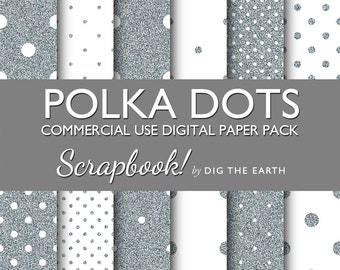 INSTANT DOWNLOAD Silver Glitter Polka Dots Digital Paper 12x12 inch Set of 13 Commercial Use