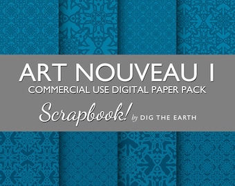 Instant Download Art Nouveau Wallpaper Digital Collage Sheets 12x12 inch Set of 8 Digital Papers Petrol Blue Commercial Use Kit