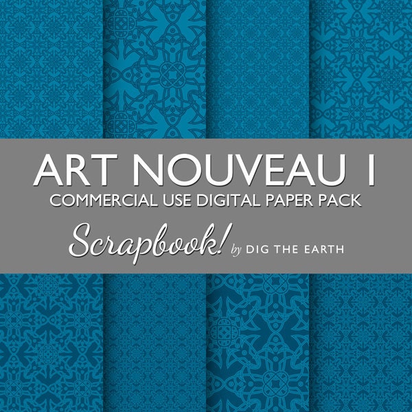 Instant Download Art Nouveau Wallpaper Digital Collage Sheets 12x12 inch Set of 8 Digital Papers Petrol Blue Commercial Use Kit