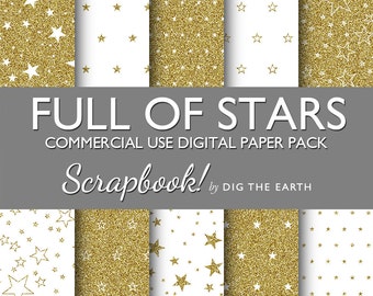 INSTANT DOWNLOAD Gold Glitter Full Of Stars Digital Paper 12x12 inch Set of 11 Commercial Use