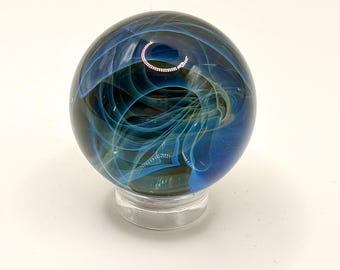 Handmade Lampwork Glass Silver Fumed Marble Green and Blue (92)