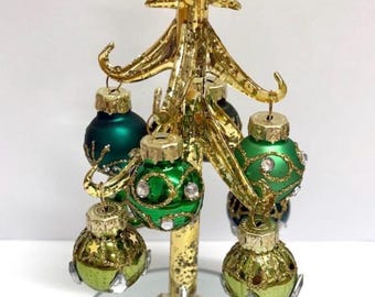 Handmade Glass Gold Christmas Tree with Coloured Baubles.