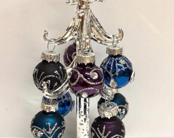 Handmade Glass Silver Christmas Tree with Blue and Purple Baubles