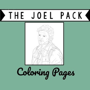 Puede incluir: Página para colorear en blanco y negro con un hombre de pelo corto y barba que lleva una chaqueta y una mochila. El título "THE JOEL PACK Coloring Pages" está en la parte superior de la página.