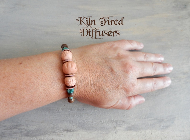 Boho Chic Essential Oil Clay Diffuser Bracelet,kiln fired terracotta aroma stones glass beads on Memory Wire Aromatherapy Jewelry