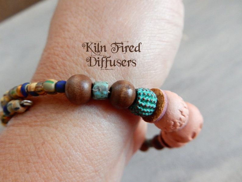 Boho Chic Essential Oil Clay Diffuser Bracelet,kiln fired terracotta aroma stones glass beads on Memory Wire Aromatherapy Jewelry