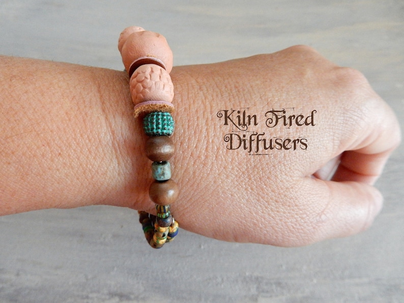 Boho Chic Essential Oil Clay Diffuser Bracelet,kiln fired terracotta aroma stones glass beads on Memory Wire Aromatherapy Jewelry
