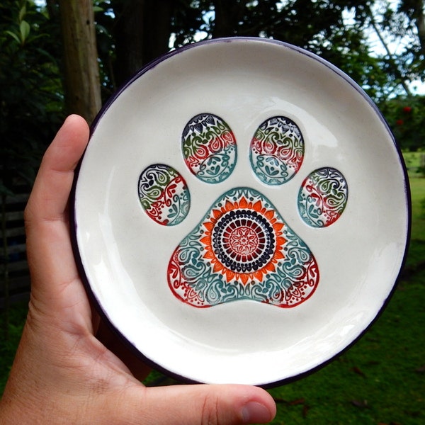 Handmade Rainbow Mandala Ceramic Paw Print Soap Dish, Decorative Unisex Colorful Food Grade Glaze Plate,Jewelry Trinket Keepsake Dish