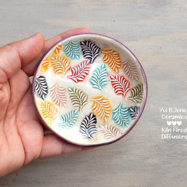 Rainbow Leaves Small Unisex Round Ceramic Ring or Pill Dish,Colorful Nature Themed Jewelry Trinket Keepsake Home Decor