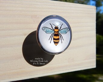 1 inch Honey Bumble Bee Handcrafted Cabinet Drawer Pull Knob, Wood Box Handles, Furniture Hardware, Farmhouse Decor, Small Round Glass Knob