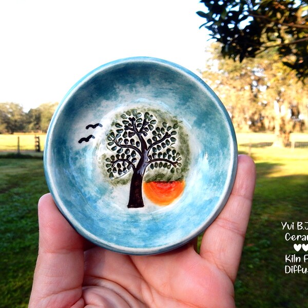 Tree Of Life With Sunset Small Ceramic Jewelry or Spoon Rest Dish,Housewarming Gift,Pill Tray,Ring Trinket Keepsake,Personal Home Decor Gift