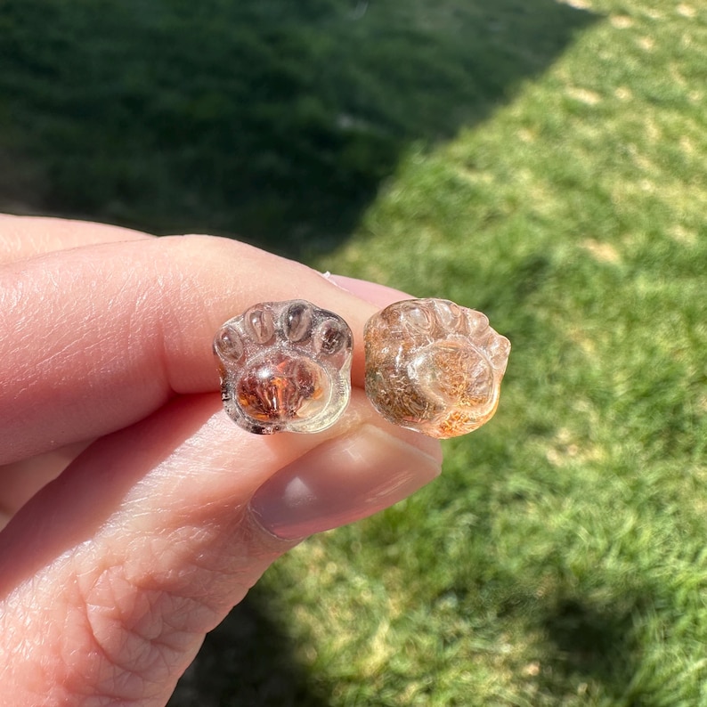 May include: Two clear resin paw print earrings with brown and gold flecks. The earrings are small and delicate.