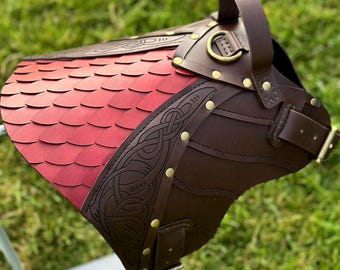 May include: A brown leather dog harness with a red leather scale pattern on the back. The harness has a handle on top and is decorated with brass studs and a Celtic knot design.