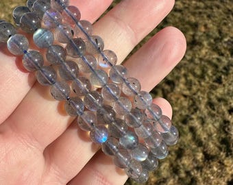 HQ Labradorite Gray Moonstone 6.5, 7, 8, 11mm Beaded Bracelet
