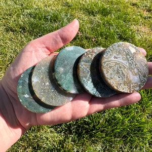 Moss Agate Flat Rounds, imperfect, flawed