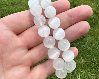 Flashy White Selenite Satin Spar Bracelet 12mm beads