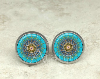 Multicolor Mandala Earring French Lever Silver Tone Earring Green Earring Gift