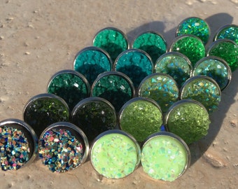 Druzy Jewelry Druzy Cabochon Druzy Studs WHOLESALE 10Pcs 11x9mm Matched Pair Green Druzy Green Oval Druzy Titanium Green Druzy