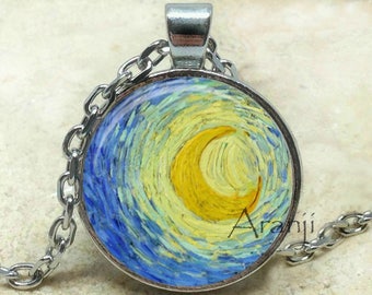 Van Gogh - The Starry Night moon, Van Gogh necklace, Starry Night pendant, Van Gogh pendant, moon necklace, moon pendant, Pendant #AR116P