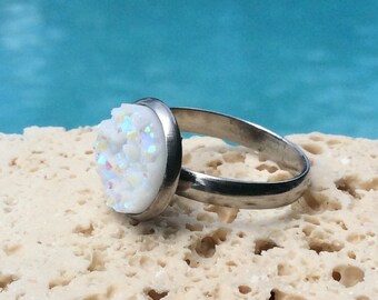 Snow Sparkles druzy ring, druzy ring, white iridescent druzy ring, druzy jewelry, ring, iridescent druzy adjustable ring, druzy Ring #N02R