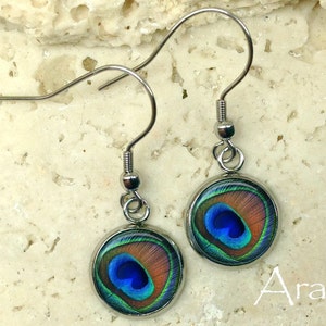 May include: A pair of silver dangle earrings with a round peacock feather design. The earrings have a silver hook closure.