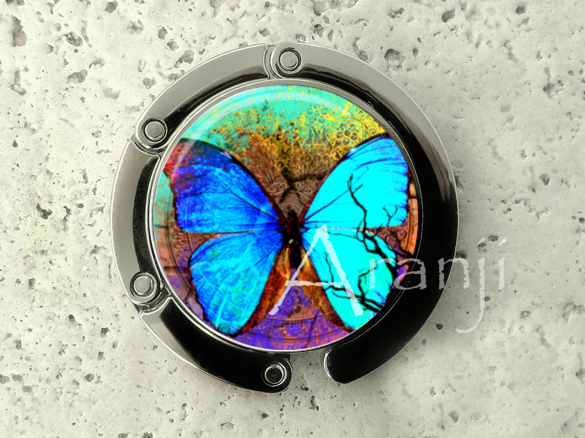 Iridescent blue butterfly purse hanger tabletop purse hanger Etsy