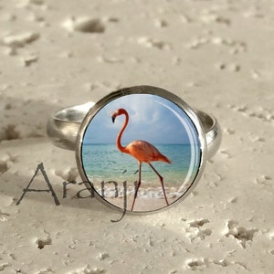 Flamingo ring, flamingo on the beach art ring, art ring, beach jewelry, flamingo on the beach ring, adjustable flamingo ring, Ring#AN122R