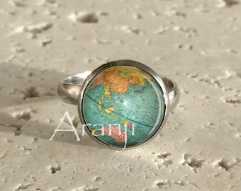 Globe ring, vintage globe ring, antique globe jewelry, globe adjustable ring, vintage globe adjustable ring, globe, Ring#HG188R