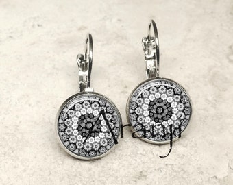 Glass dome black and white millefiori art earrings, millefiori print earrings, leverback earrings, millefiori leverback earrings PA223LB