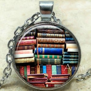 Book art pendant, book necklace, book jewelry, books, library necklace, library pendant, bookshelf necklace, Pendant #HG152P