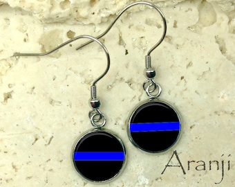 Thin blue line earrings, law enforcement earrings, police drop earrings, police earrings, law enforcement jewelry, police jewelry,  PA225DP