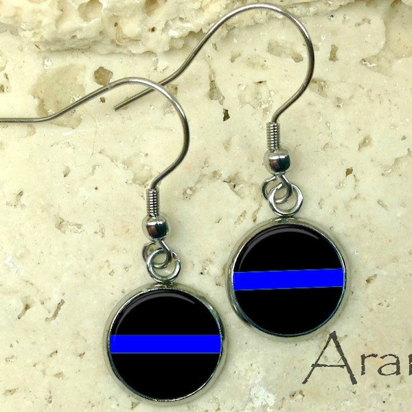 Thin blue line earrings, law enforcement earrings, police drop earrings, police earrings, law enforcement jewelry, police jewelry,  PA225DP